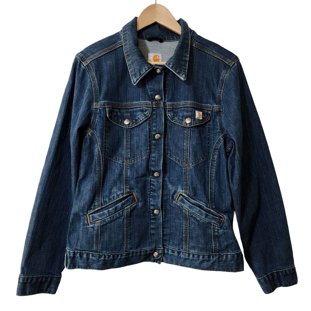 Carhartt WJ001 F10 Womens Denim Trucker Jacket M Blue Snap Front Logo EUC